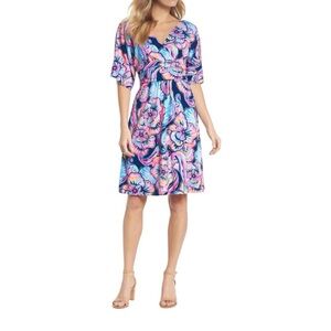 Lilly Pulitzer Parigi Dress XL Blue Pink Floral Boho‎ Bateau V-Neck Vacation